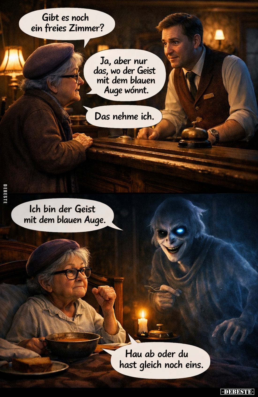 Gibt es noch ein freies Zimmer? -
Ja, aber nur das, wo der Geist mit dem blauen Auge wonnt. -
Das nehme ich.
-
Ich bin de...