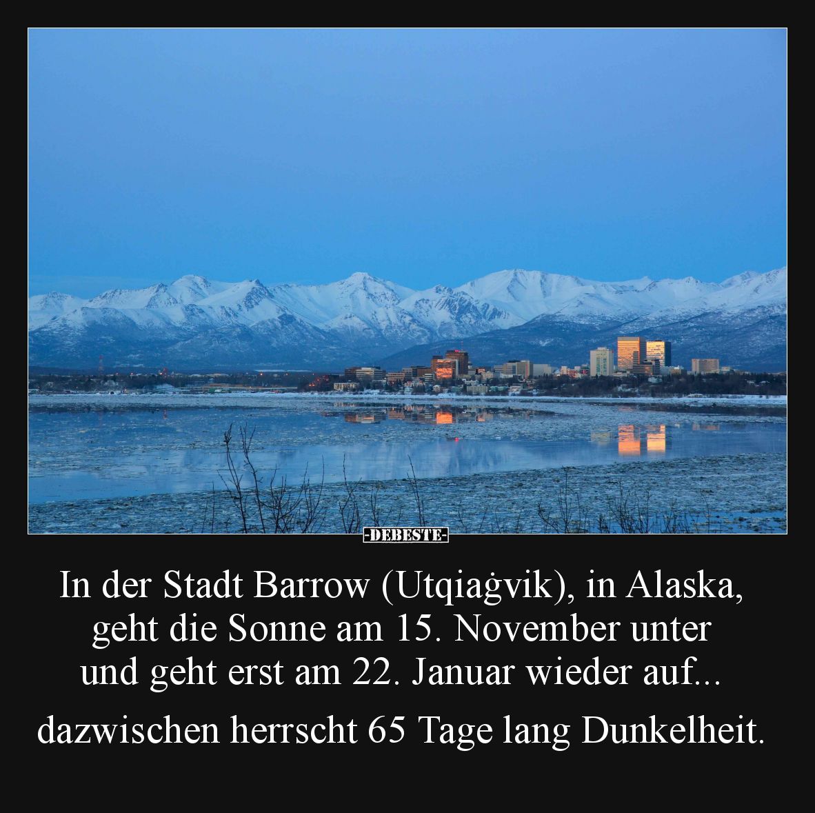In der Stadt Barrow (Utqiaġvik), in Alaska, geht die Sonne am 15. November unter 
und geht erst am 22. Januar wieder auf... ...