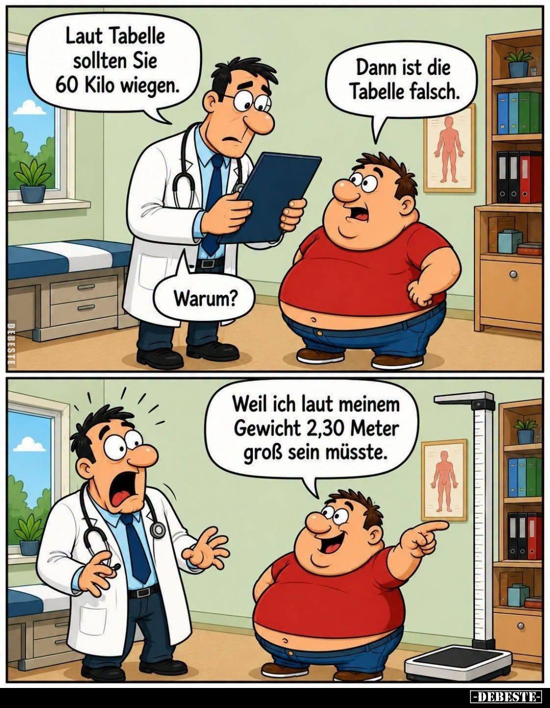 Laut Tabelle sollten Sie 60 Kilo wiegen. -
Dann ist die Tabelle falsch. -
Warum? -
Weil ich laut meinem Gewicht 2,30 Meter...