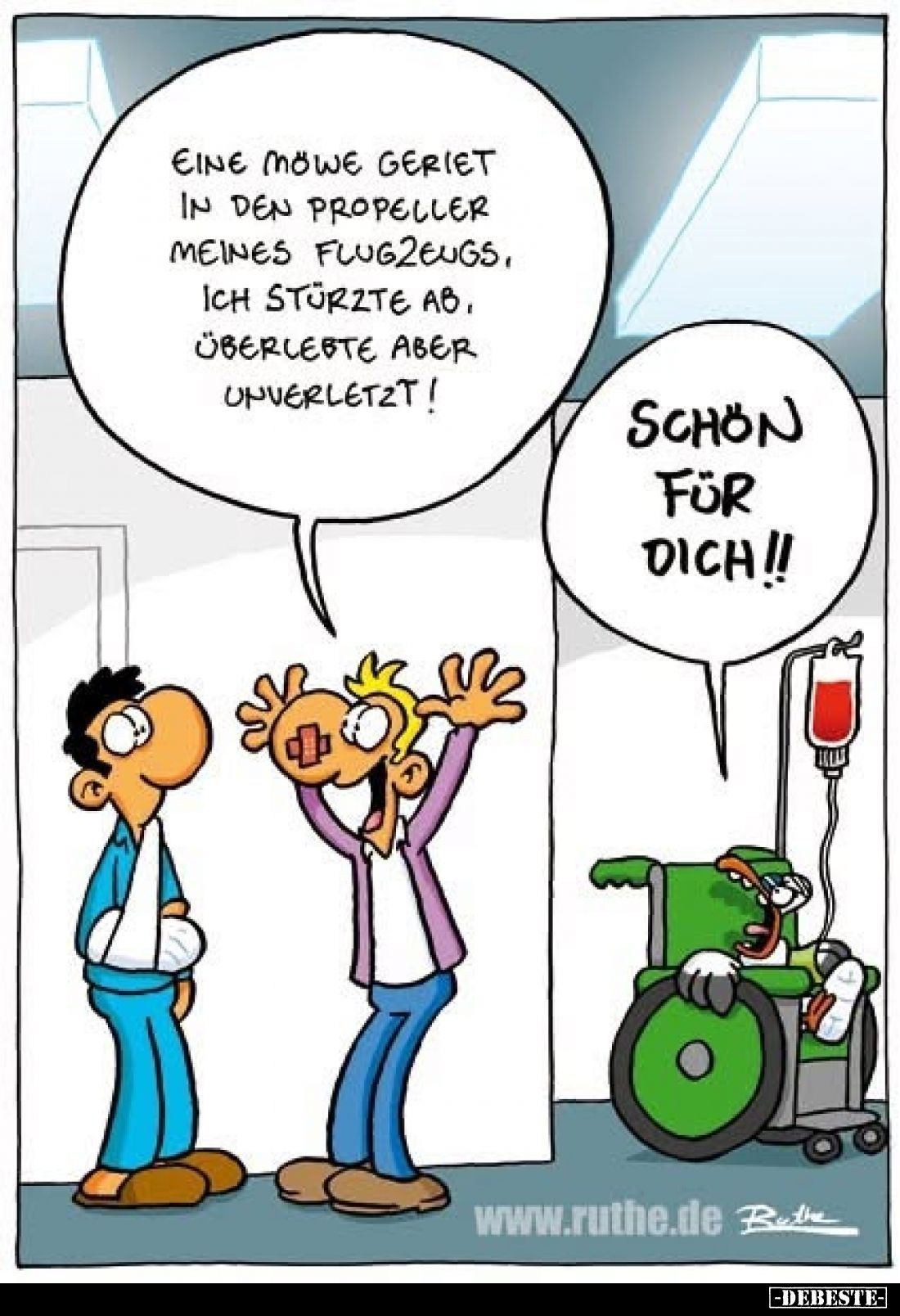 Eine Möwe geriet in den Propeller meines Flugzeugs, ich stürzte ab, überlebte aber unverletzt! -
Schön für dich!!