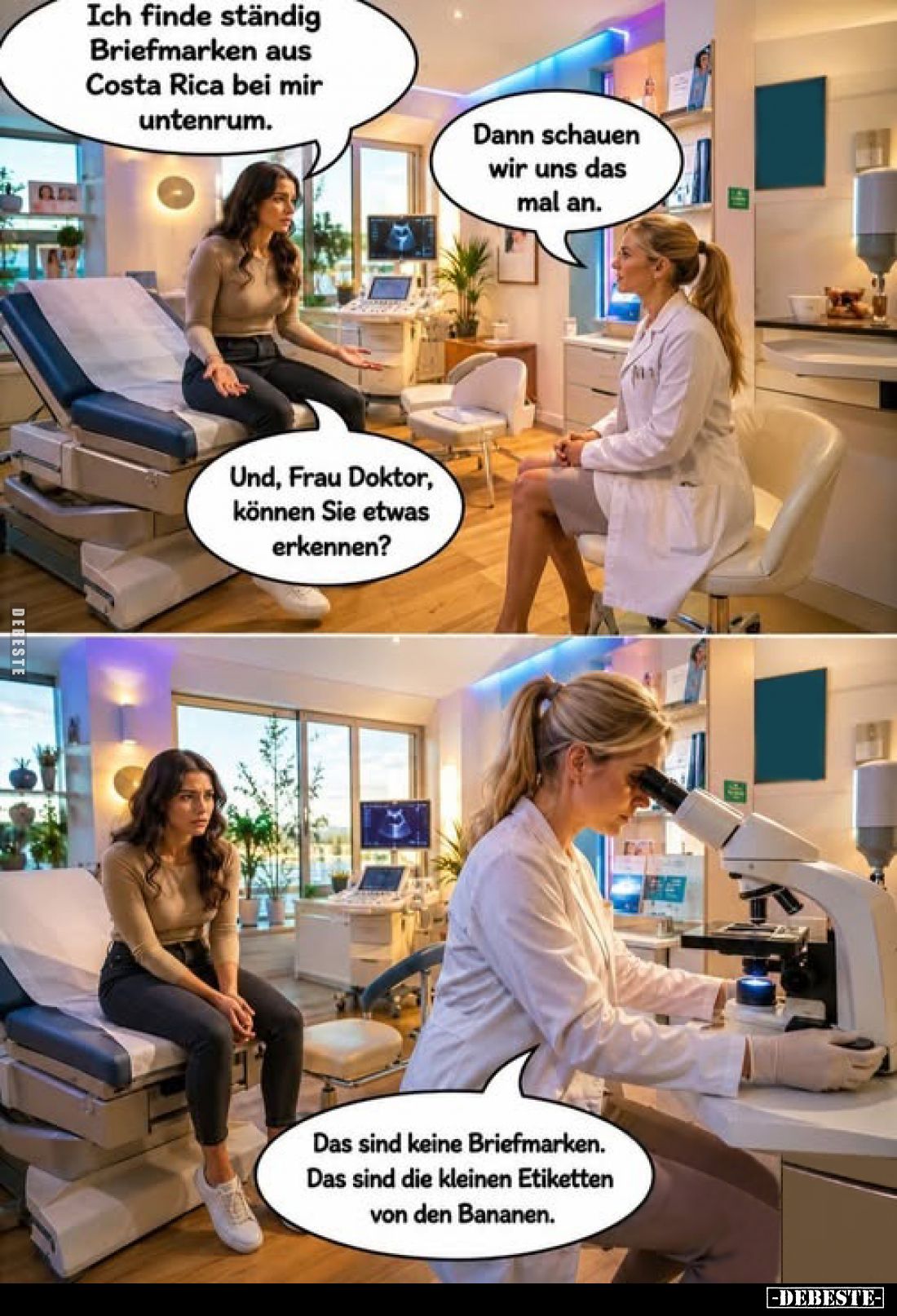 Ich finde ständig Briefmarken aus Costa Rica bei mir untenrum.
Dann schauen wir uns das mal an.
Alles zum Lachen
Und, Frau...