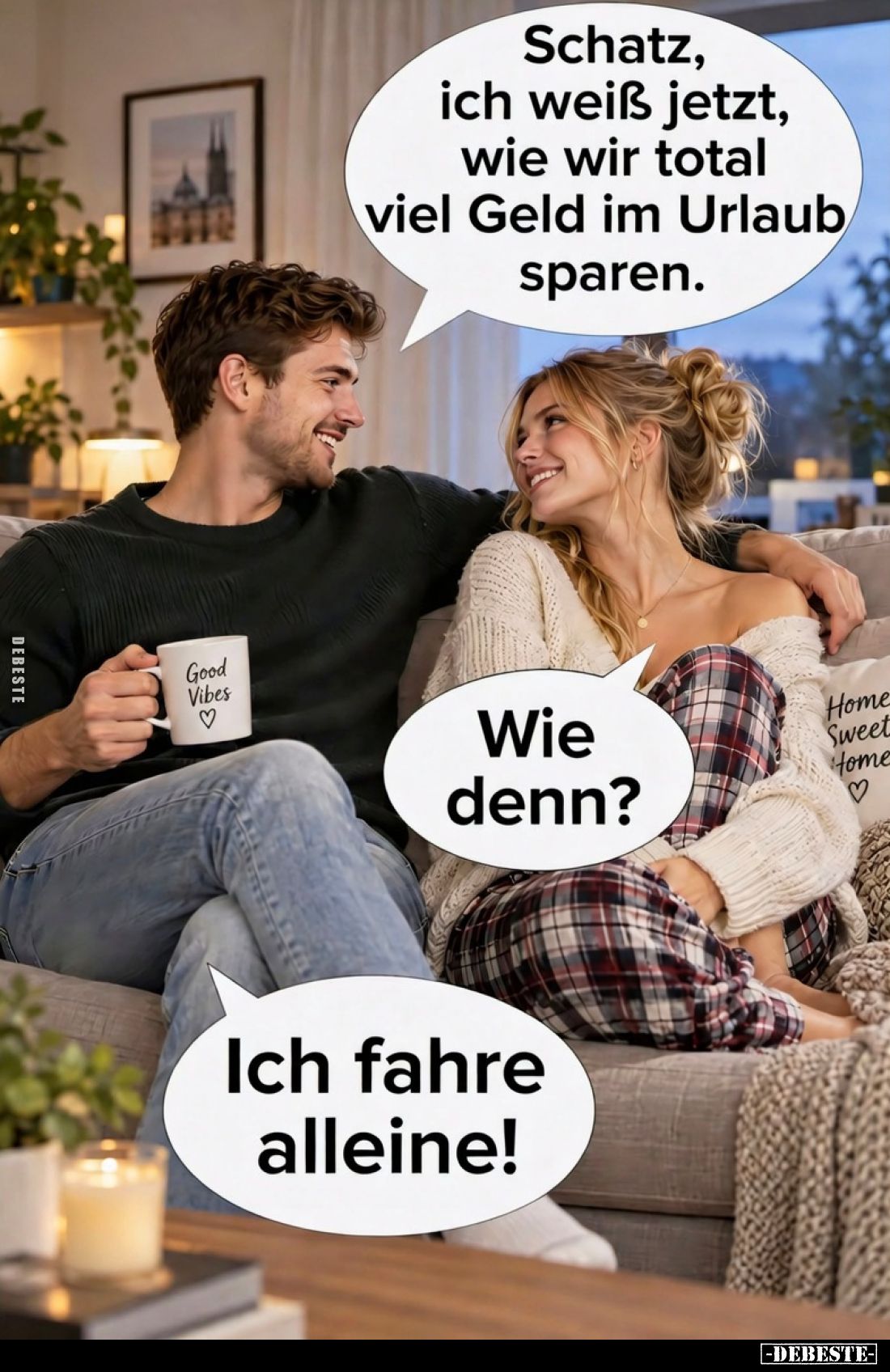 Schatz, ich weiß jetzt, wie wir total viel Geld im Urlaub sparen.

Wie denn?

Ich fahre alleine!