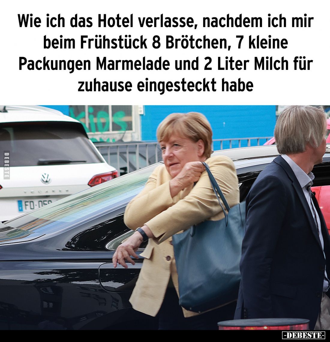 Wie ich das Hotel verlasse, nachdem ich mir beim Frühstück 8 Brötchen, 7 kleine Packungen Marmelade und 2 Liter Milch für zuh...