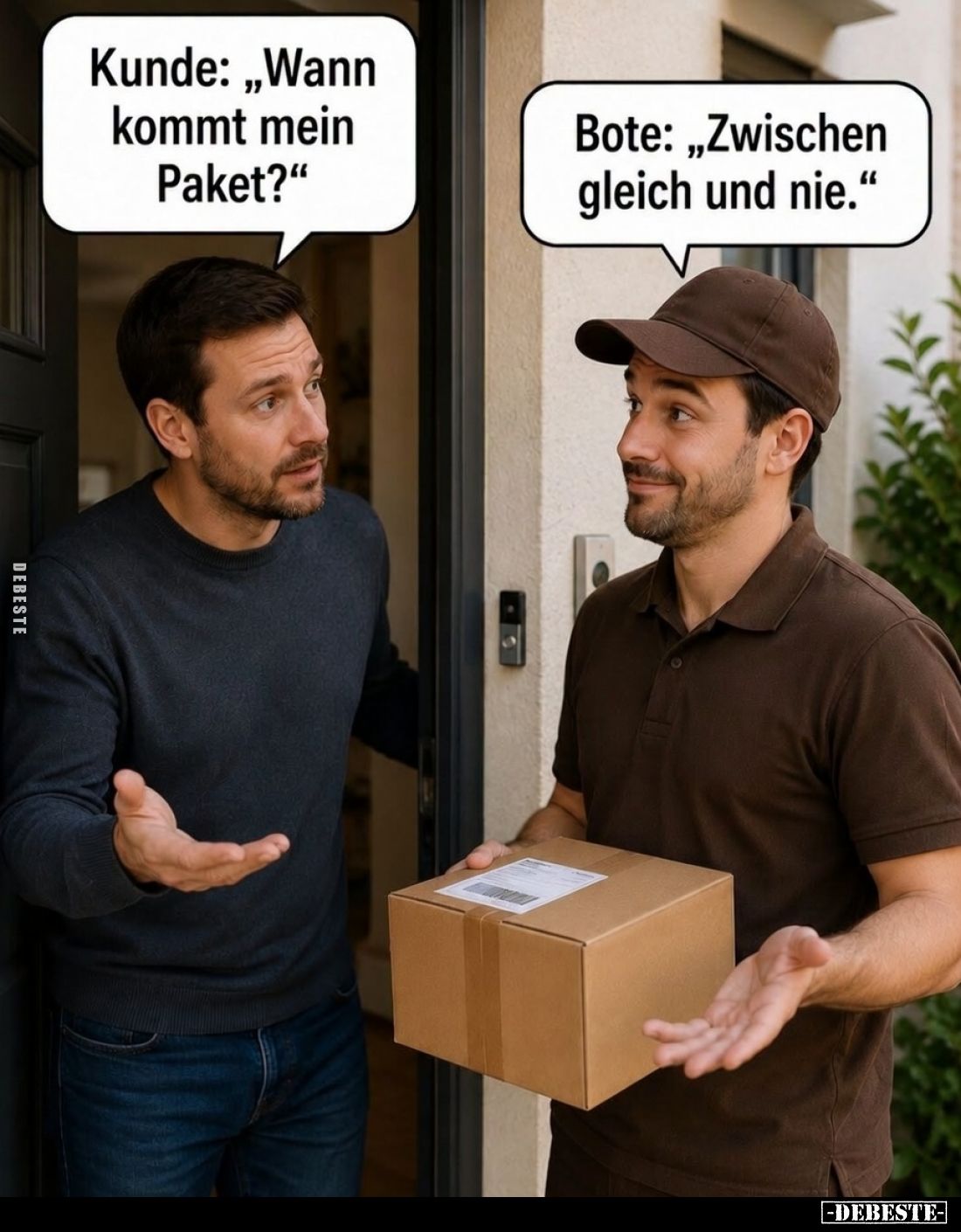 Kunde: "Wann kommt mein Paket?" -
Bote: "Zwischen gleich und nie."
