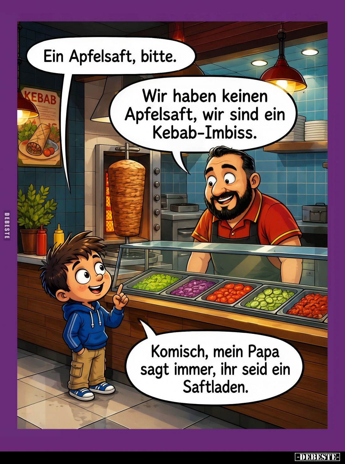Ein Apfelsaft, bitte.
-
Wir haben keinen Apfelsaft, wir sind ein Kebab-Imbiss.
=-
Komisch, mein Papa sagt immer, ihr seid...