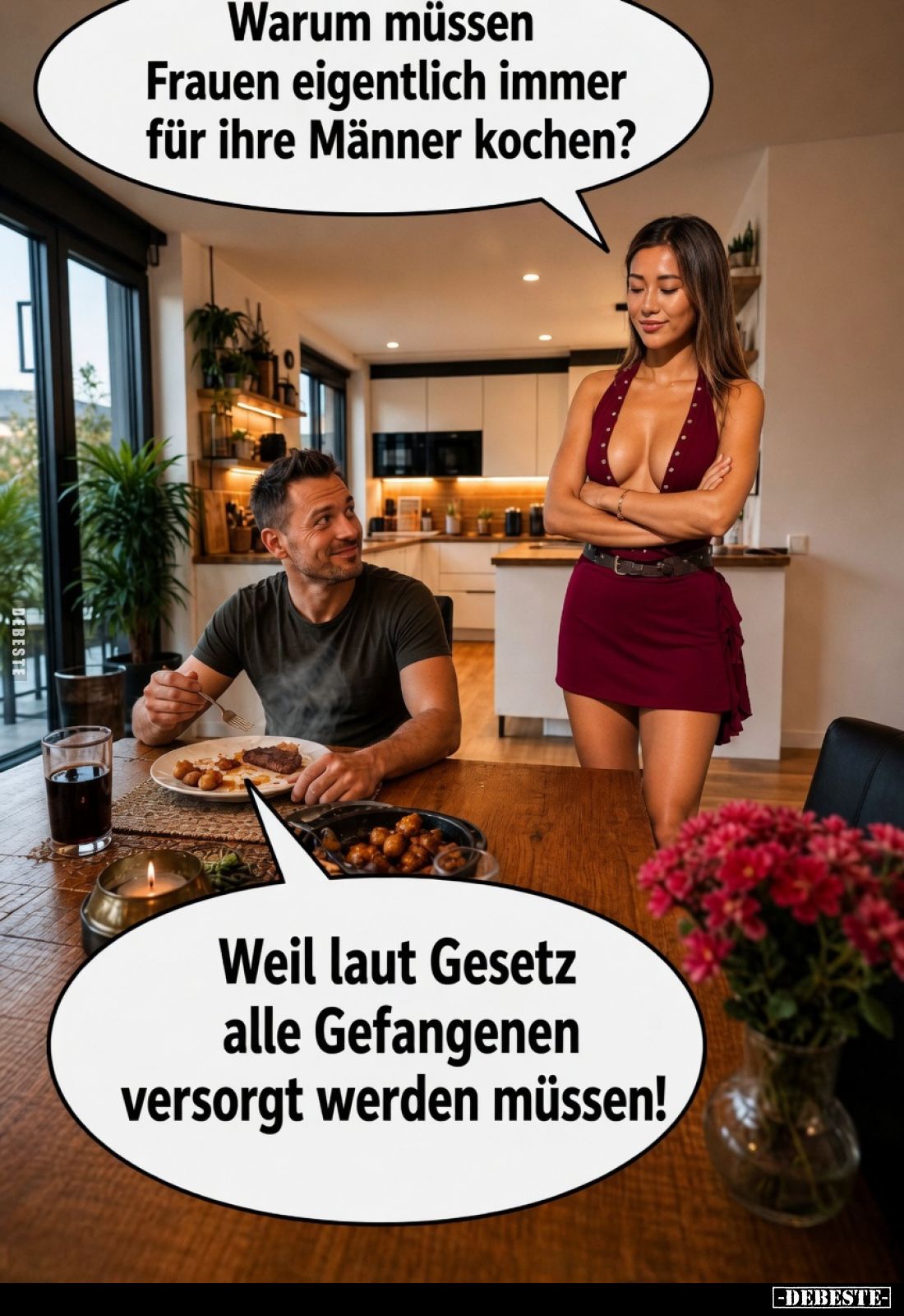 Warum müssen Frauen eigentlich immer für ihre Männer kochen?
Weil laut Gesetz alle Gefangenen versorgt werden müssen!