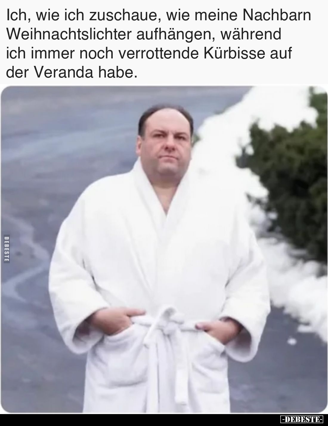 Ich, wie ich zuschaue, wie meine Nachbarn Weihnachtslichter aufhängen, während ich immer noch verrottende Kürbisse auf der Ve...