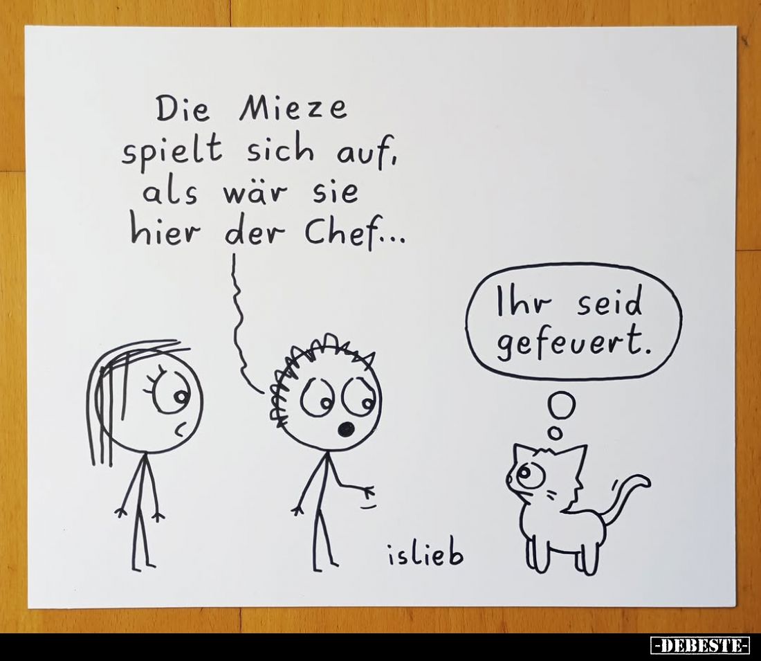 Die Mieze spielt sich auf, als wär sie hier der Chef...
-
Ihr seid gefeuert.