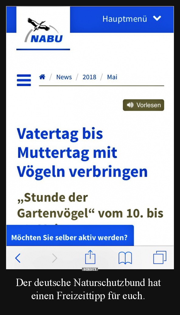 Der deutsche Naturschutzbund hat einen Freizeittipp für euch.