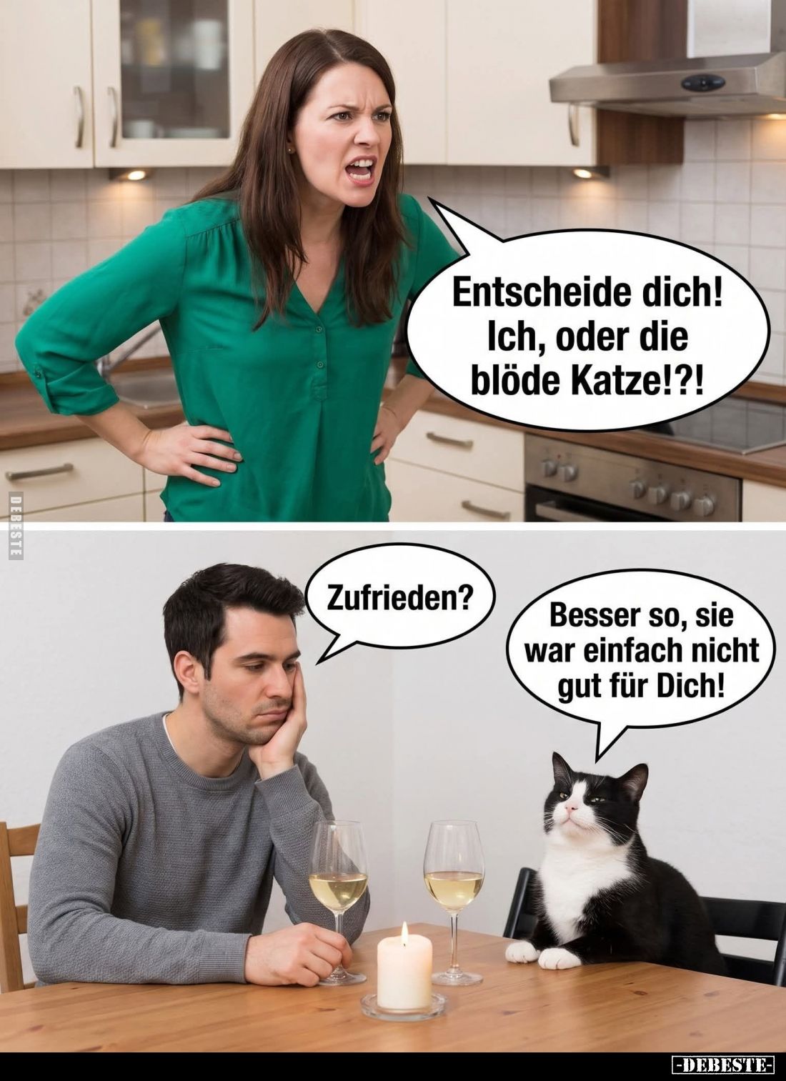 Entscheide dich!
Ich, oder die blöde Katze!?!
-
Zufrieden?
-
Besser so, sie war einfach nicht gut für Dich!