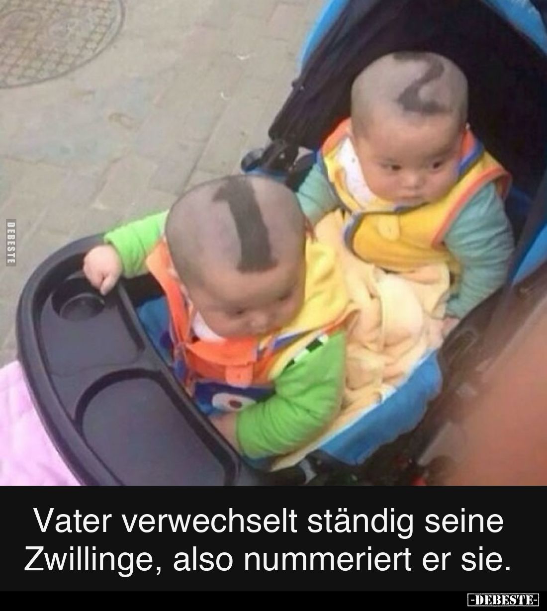 Vater verwechselt ständig seine Zwillinge, also nummeriert er sie.