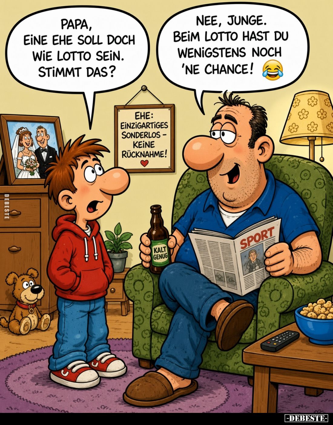 Papa, eine Ehe soll doch wie Lotto sein. Stimmt das?
Nee, Junge. Beim Lotto hast du wenigstens noch 'ne Chance!