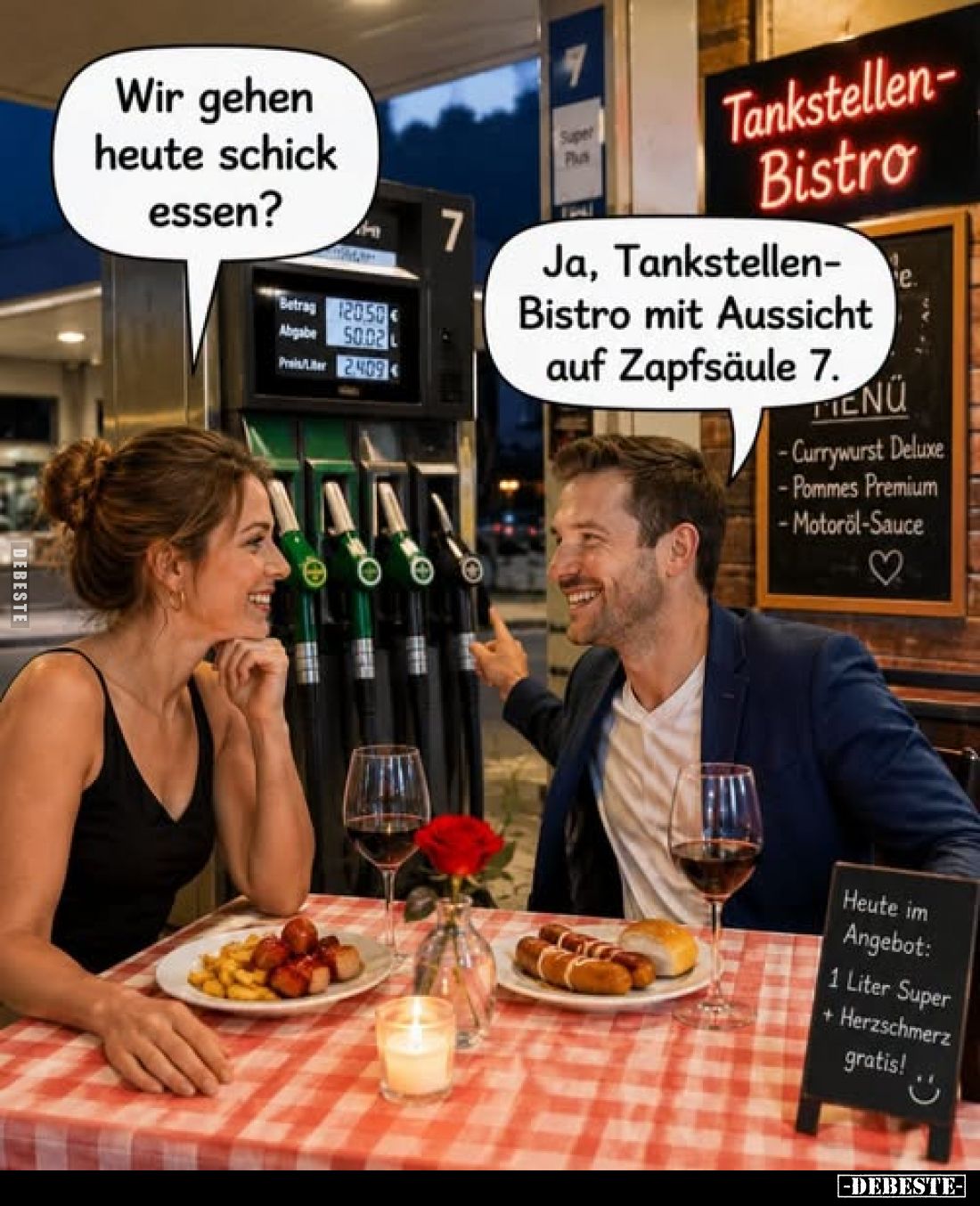 Wir gehen heute schick essen?
-
Ja, Tankstellen-Bistro mit Aussicht auf Zapfsäule 7.
