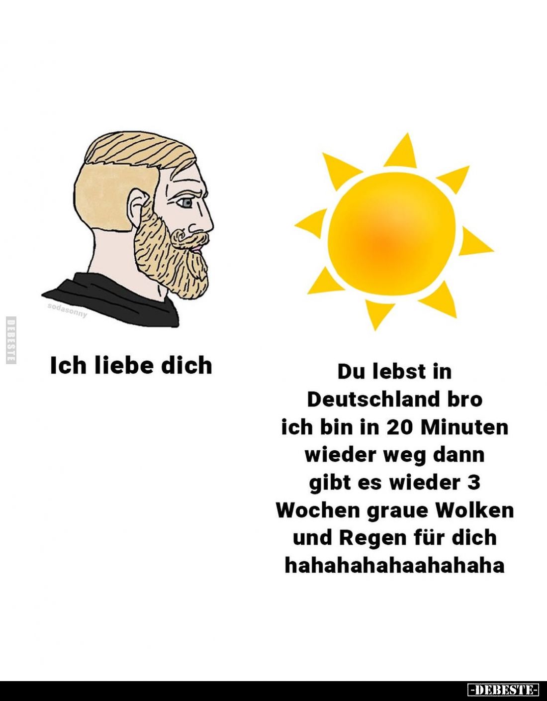 Ich liebe dich. /
Du lebst in Deutschland bro ich bin in 20 Minuten wieder weg dann gibt es wieder 3 Wochen graue Wolken und...