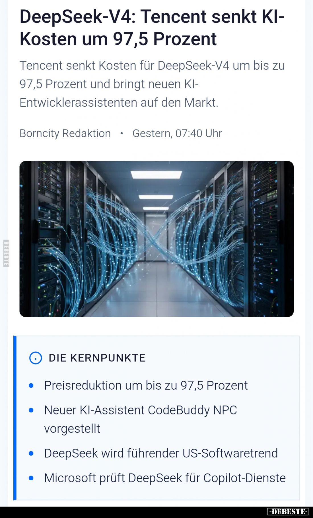 DeepSeek-VA: Tencent senkt KI- Kosten um 97,5 Prozent.

Tencent senkt Kosten für DeepSeek-V4 um bis zu 97,5 Prozent und bri...