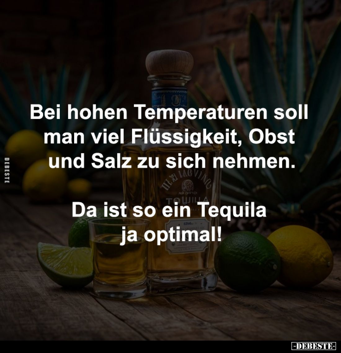 Bei hohen Temperaturen soll 
man viel Flüssigkeit, Obst 
und Salz zu sich nehmen.

Da ist so ein Tequila 
ja optimal!