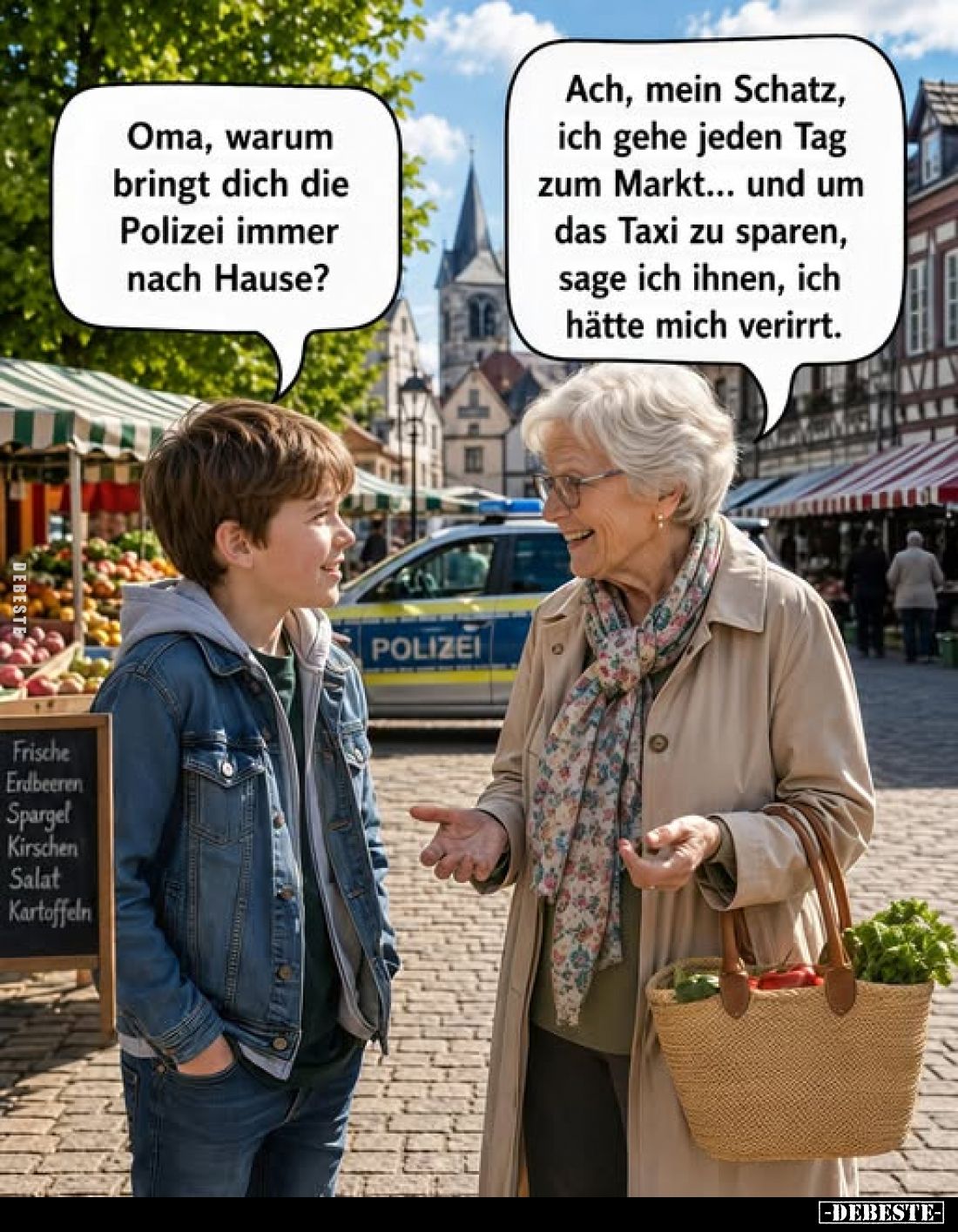 Oma, warum bringt dich die Polizei immer nach Hause?
Ach, mein Schatz, ich gehe jeden Tag zum Markt... und um das Taxi zu sp...