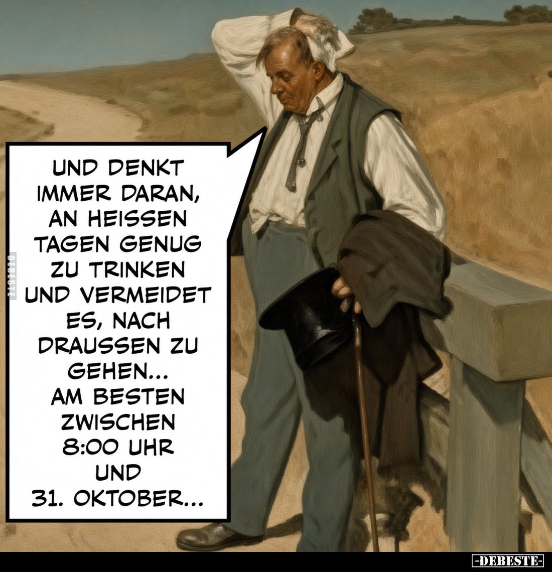 Und denkt immer daran, an heissen Tagen genug zu trinken und vermeidet es, nach draussen zu gehen... Am besten zwischen 8:00 ...