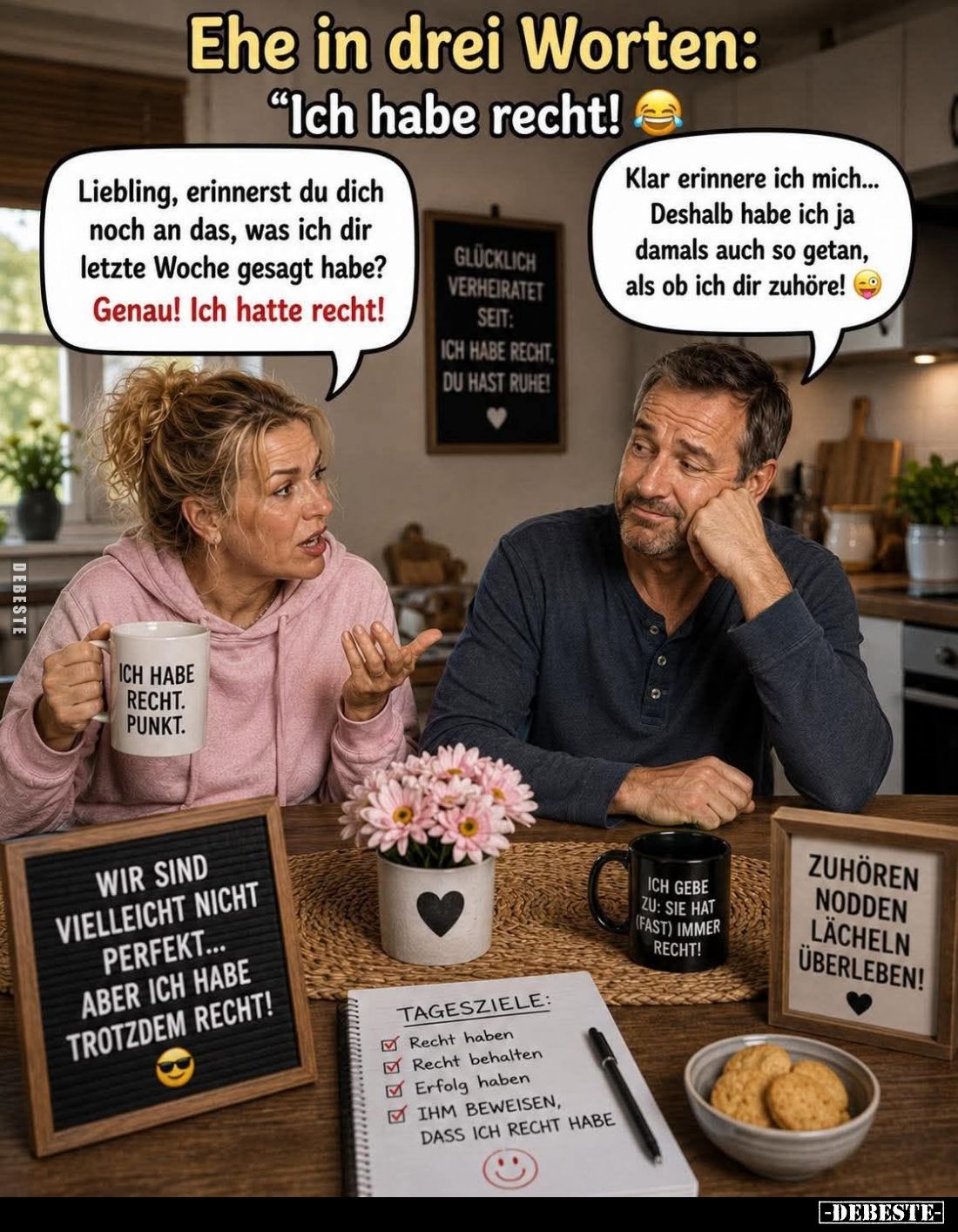 Ehe in drei Worten:
"Ich habe recht!" -
Liebling, erinnerst du dich noch an das, was ich dir letzte Woche gesagt ...