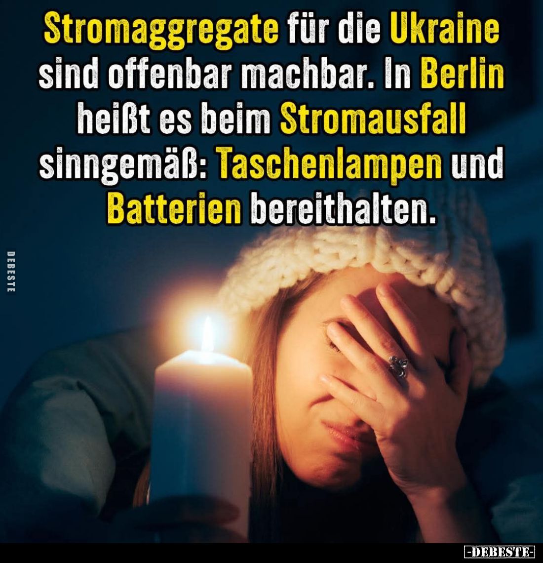 Stromaggregate für die Ukraine sind offenbar machbar. In Berlin heißt es beim Stromausfall sinngemäß: Taschenlampen und Batte...