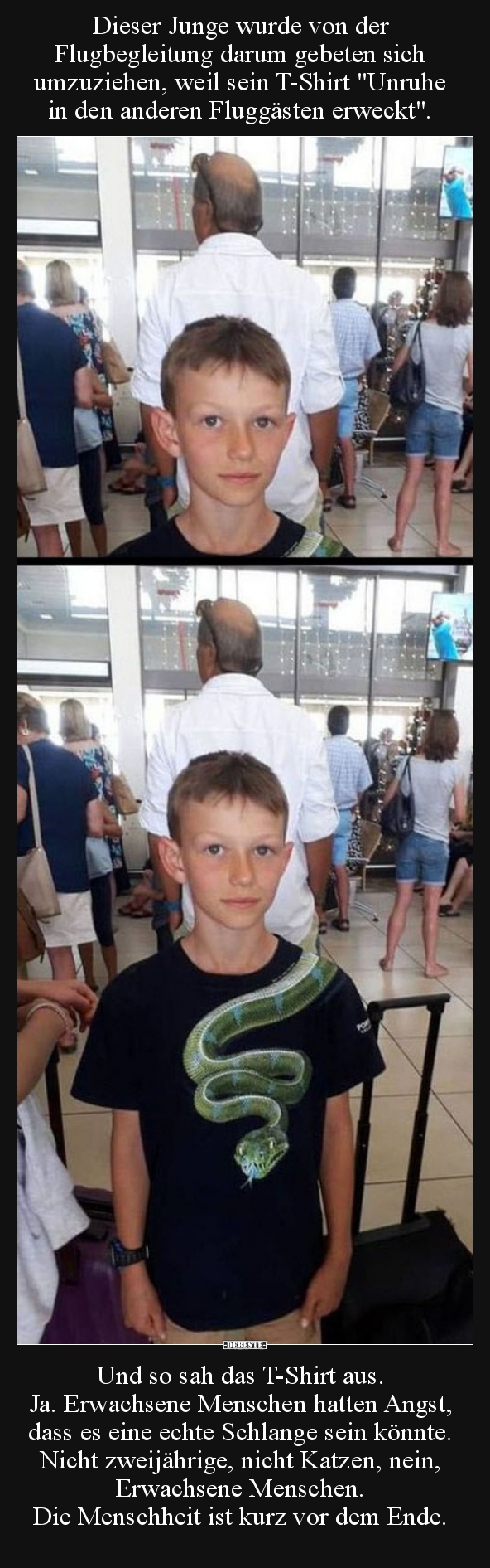 Dieser Junge wurde von der Flugbegleitung darum gebeten..