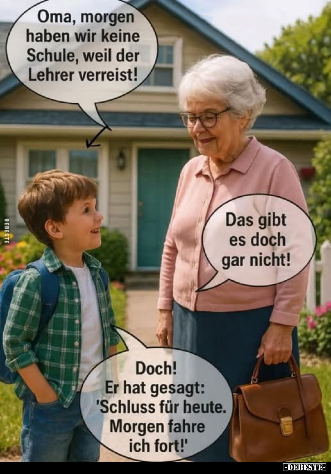 Oma, morgen haben wir keine Schule, weil der Lehrer verreist!
-
Das gibt es doch gar nicht!
-
Doch! Er hat gesagt: 'Schlu...