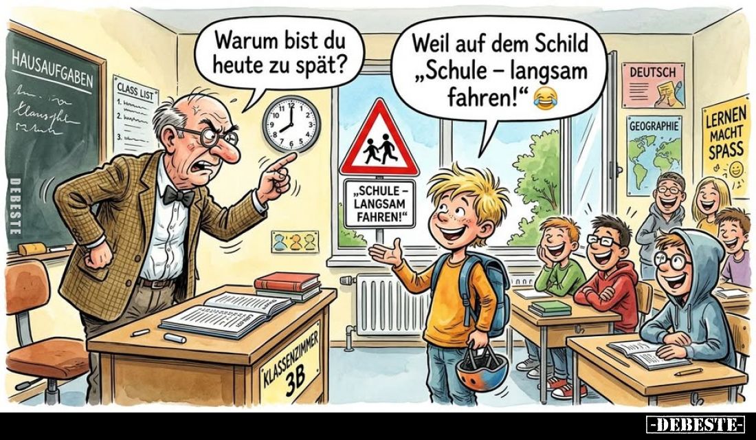 Warum bist du heute zu spät?
Weil auf dem Schild „Schule - langsam fahren!"