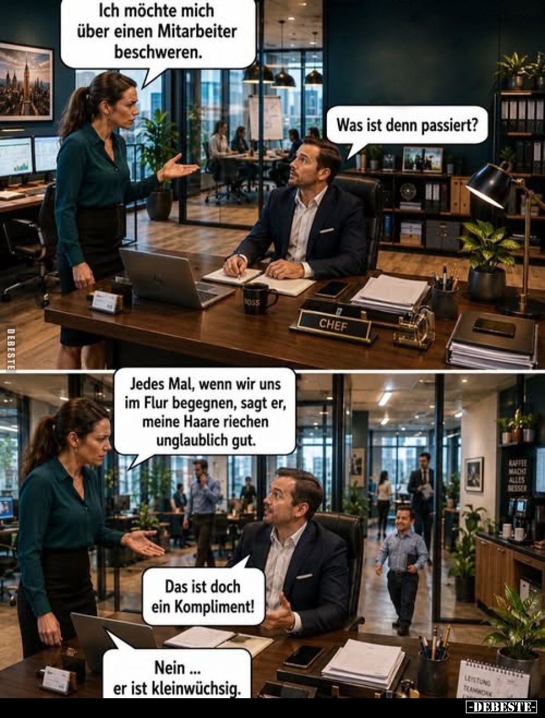 Ich möchte mich über einen Mitarbeiter beschweren.
-
Was ist denn passiert?
-
Jedes Mal, wenn wir uns im Flur begegnen, s...
