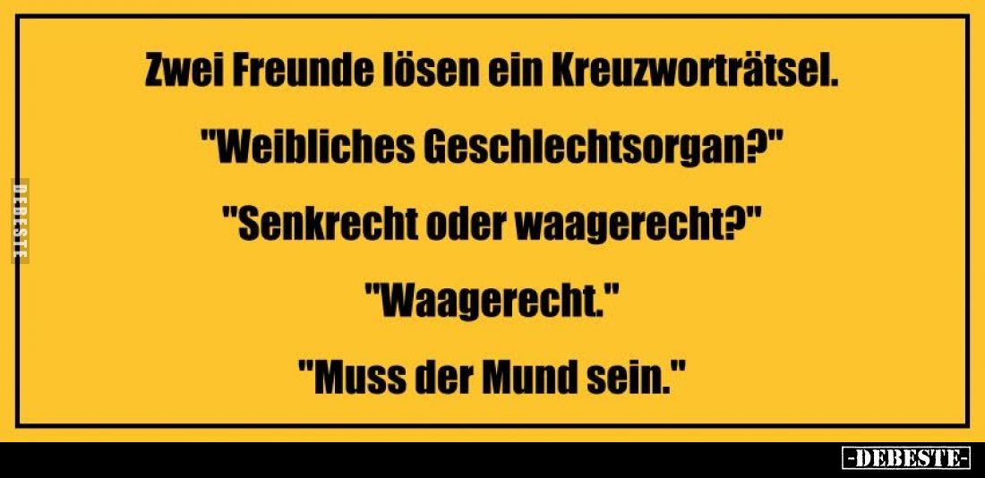 Zwei Freunde lösen ein Kreuzworträtsel. -
"Weibliches Geschlechtsorgan?" -
"Senkrecht oder waagerecht?"...