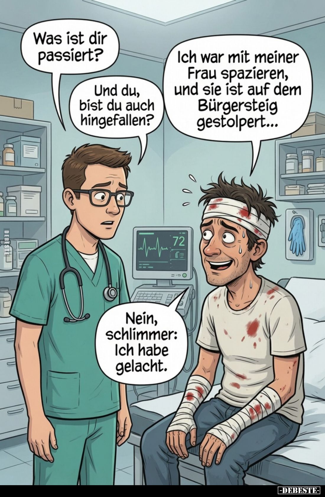 Was ist dir passiert? - Ich war mit meiner Frau spazieren, und sie ist auf dem Bürgersteig gestolpert... -
Und du, bist du a...