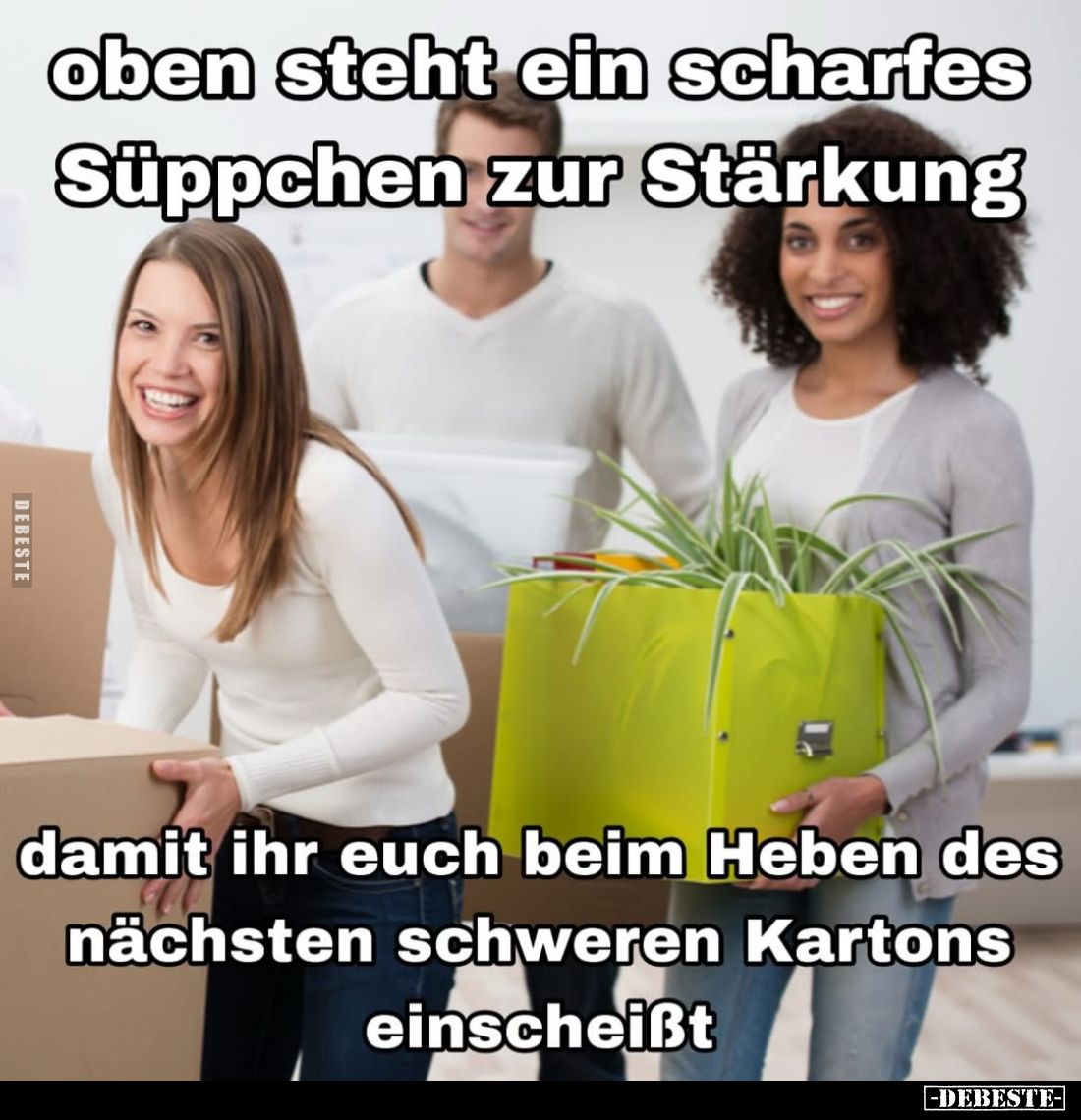Oben steht ein scharfes Süppchen zur Stärkung, 
damit ihr euch beim Heben des nächsten schweren Kartons einscheißt