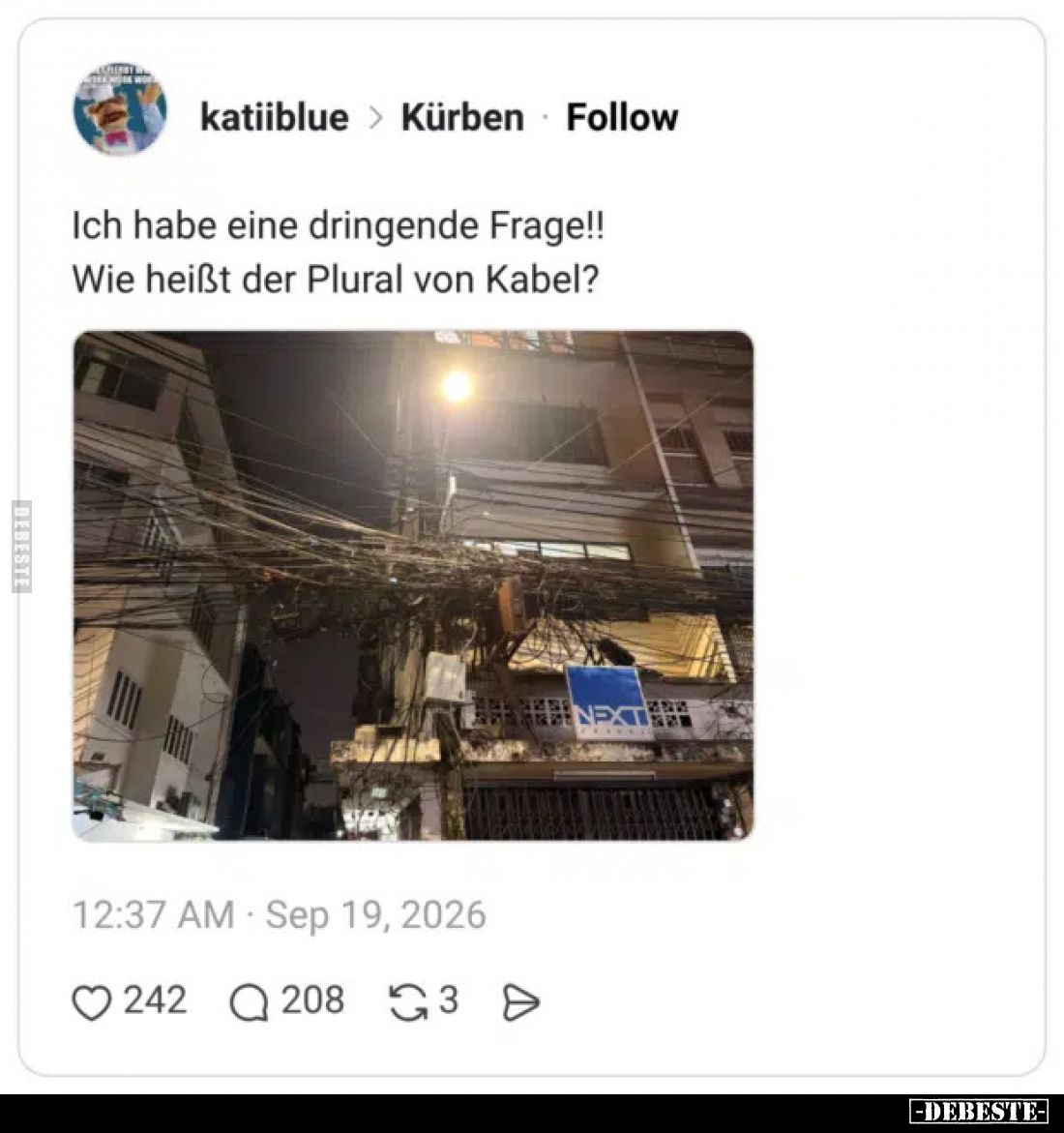 Ich habe eine dringende Frage!!
Wie heißt der Plural von Kabel?