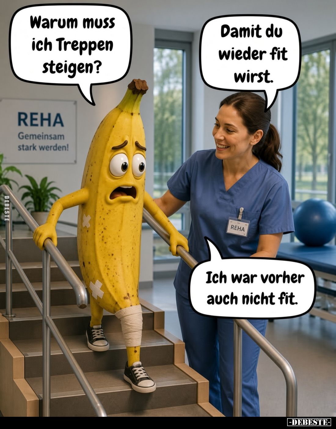 Warum muss ich Treppen steigen?
Damit du wieder fit wirst.
Ich war vorher auch nicht fit.