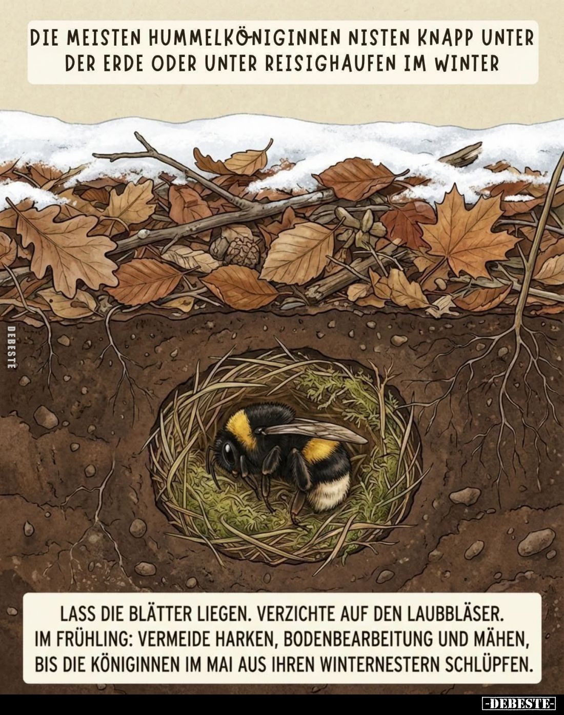 Die meisten Hummelköniginnen nisten knapp unter der Erde oder unter Reisighaufen im Winter.
Lass die Blätter liegen. Verzich...