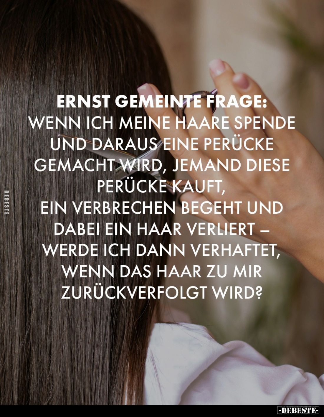 Ernst gemeinte Frage:
Wenn ich meine Haare spende und daraus eine Perücke gemacht wird, jemand diese Perücke kauft, ein Verb...