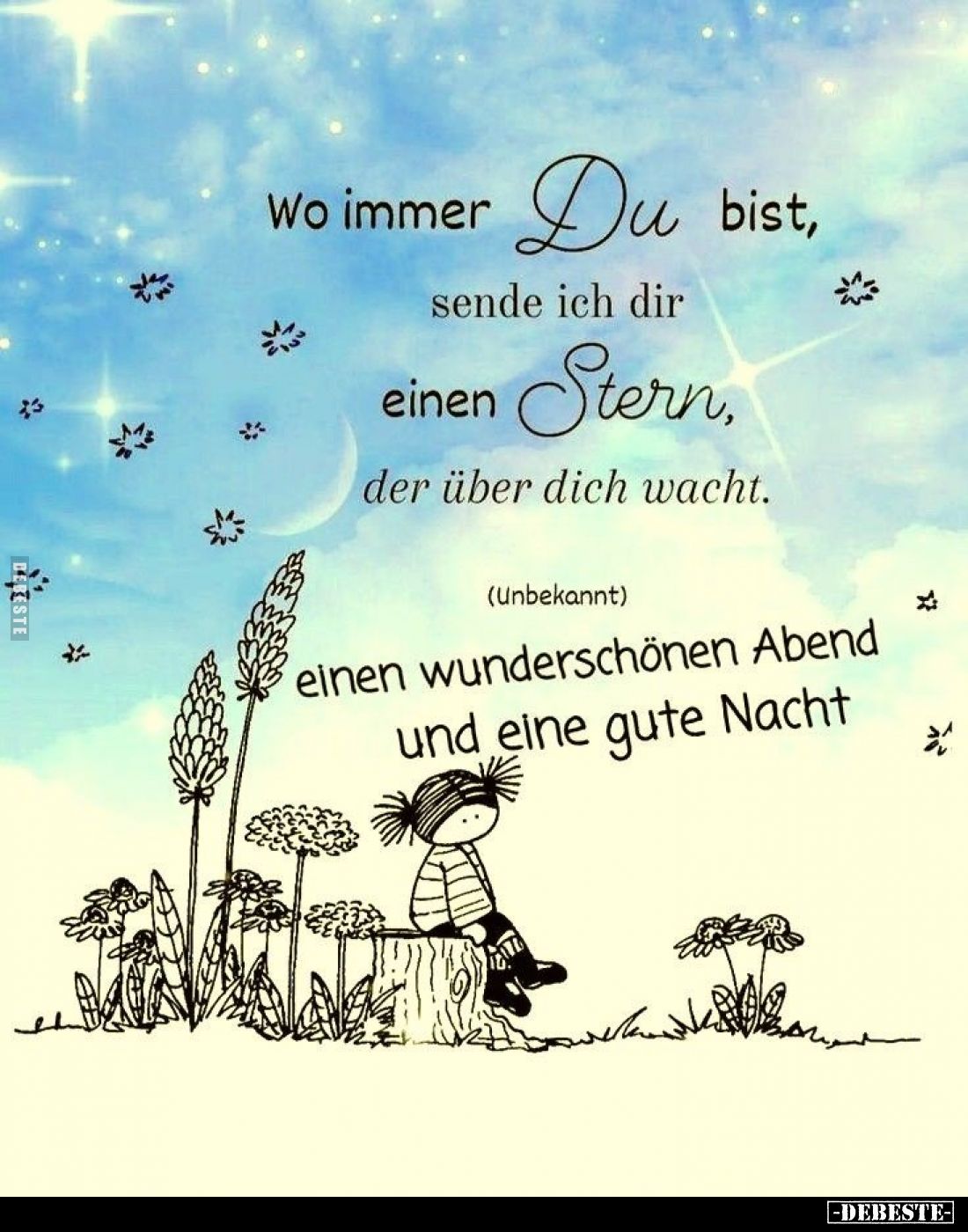 Wo immer Du bist, sende ich dir einen Stern, der über dich wacht.
Einen wunderschönen Abend und eine gute Nacht.
