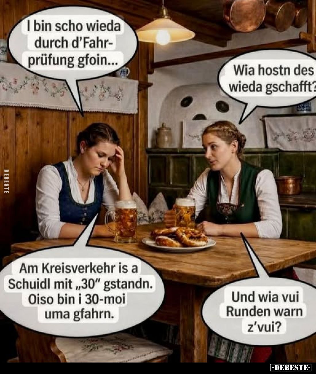 I bin scho wieda durch d'Fahr-prüfung gfoin...
Wia hostn des wieda gschafft.
Am Kreisverkehr is a Schuidl mit „30" gst...