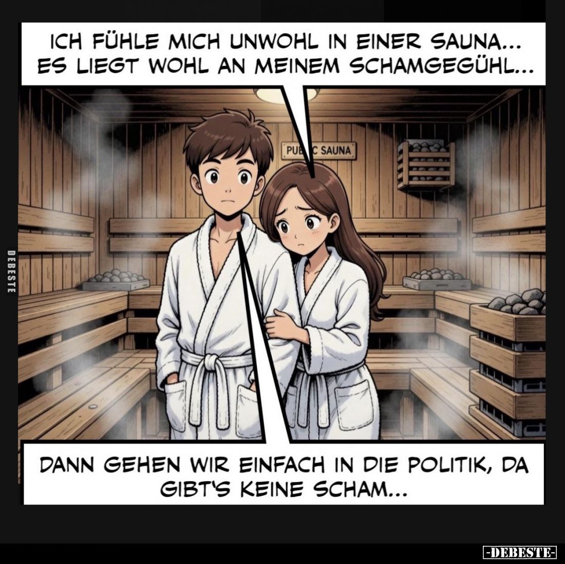 Ich fühle mich unwohl in einer Sauna... Es liegt wohl an meinem Schamgegühl...
-
Dann gehen wir einfach in die Politik, da ...