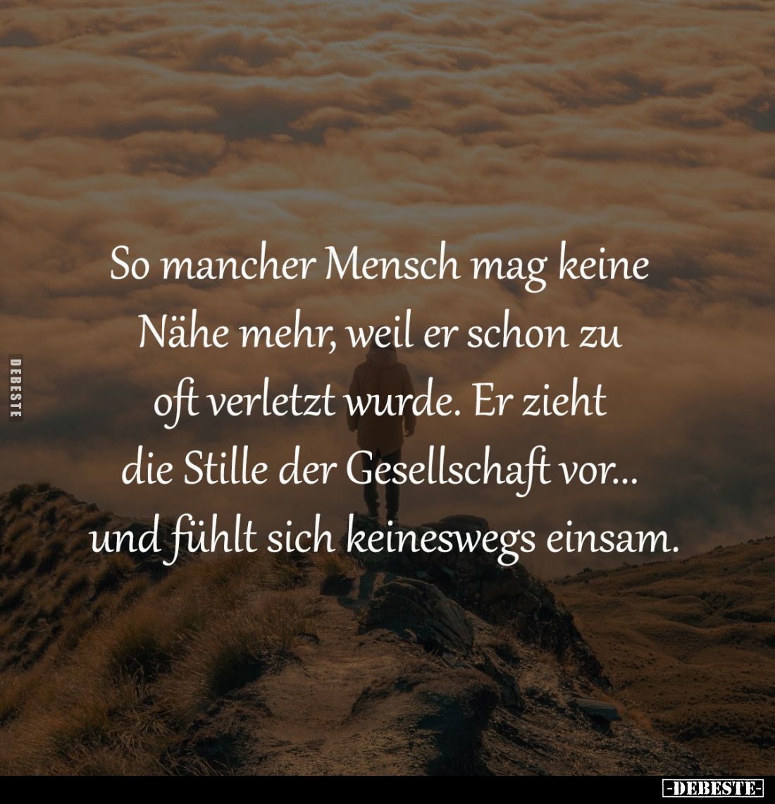 So mancher Mensch mag keine 
Nähe mehr, weil er schon zu 
oft verletzt wurde. Er zieht 
die Stille der Gesellschaft vor......