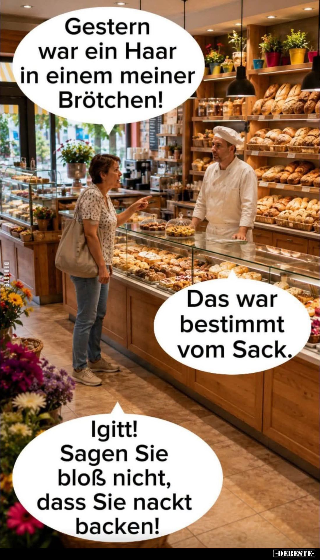 Gestern war ein Haar in einem meiner Brötchen! - Das war bestimmt vom Sack.
-
Igitt! Sagen Sie bloß nicht, dass Sie nackt b...
