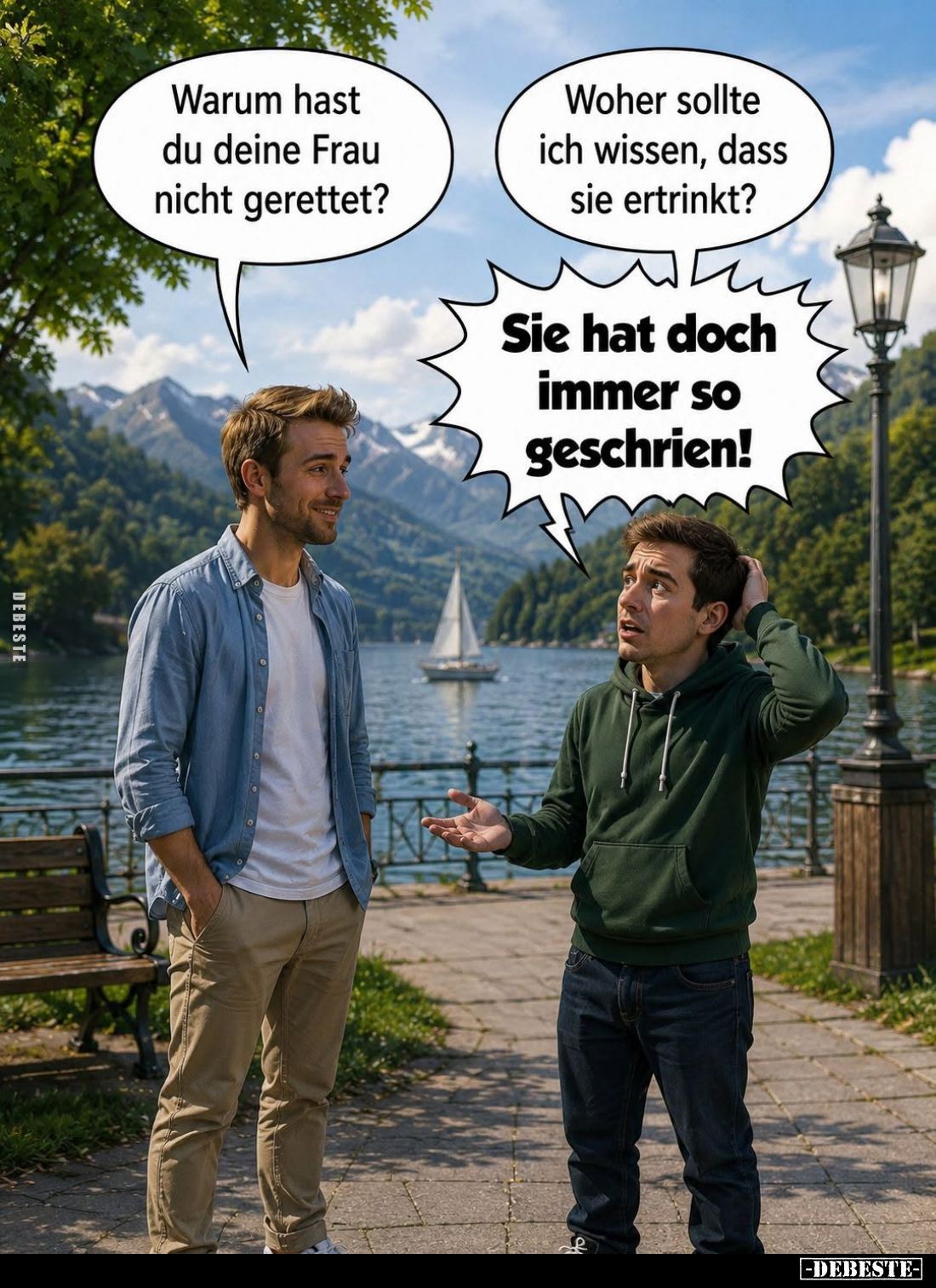 Warum hast du deine Frau nicht gerettet? -
Woher sollte ich wissen, dass sie ertrinkt?
Sie hat doch immer so geschrien!