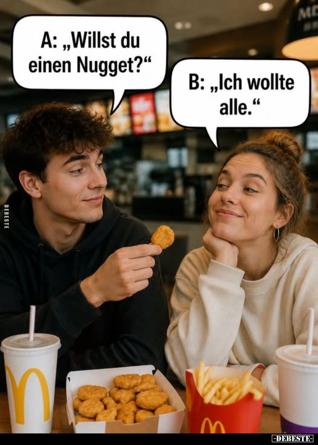 A: „Willst du einen Nugget?"
-
B: „Ich wollte alle."