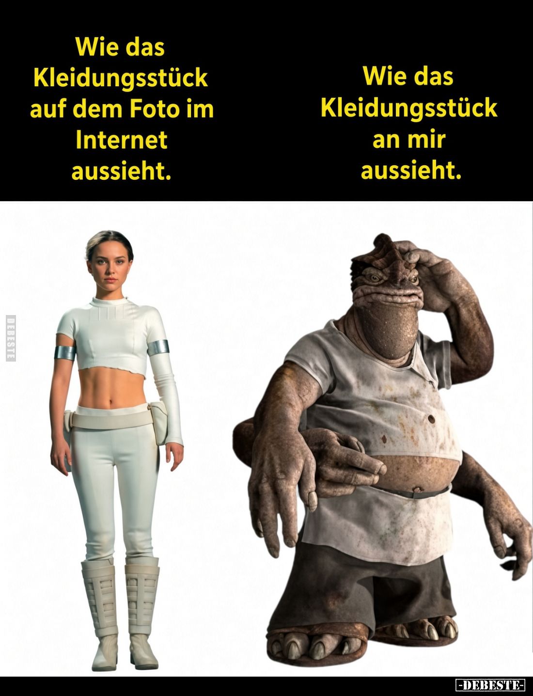 Wie das Kleidungsstück auf dem Foto im Internet aussieht.
Wie das Kleidungsstück an mir aussieht.