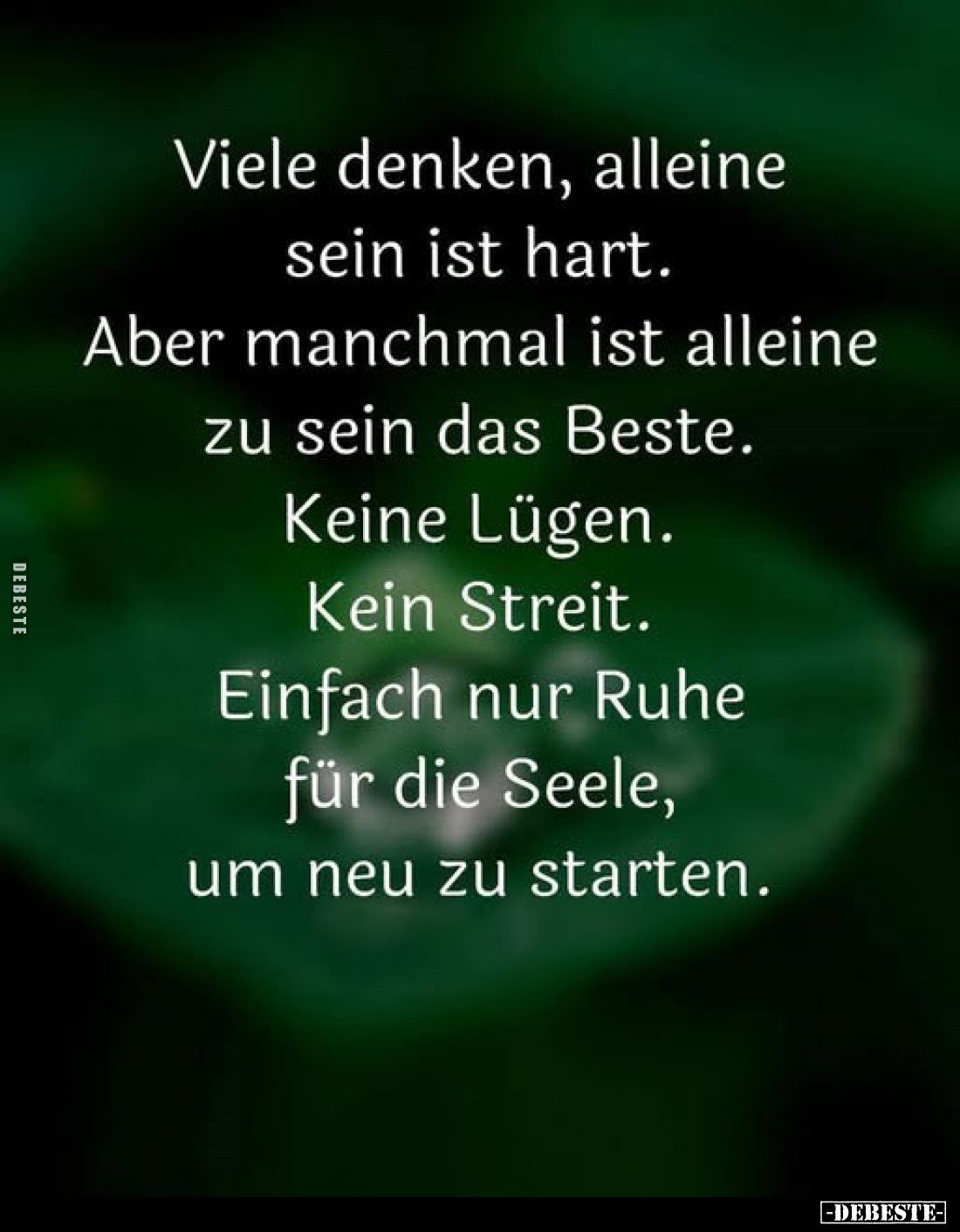 Viele denken, alleine sein ist hart.
Aber manchmal ist alleine zu sein das Beste.
Keine Lügen.
Kein Streit.
Einfach nur R...