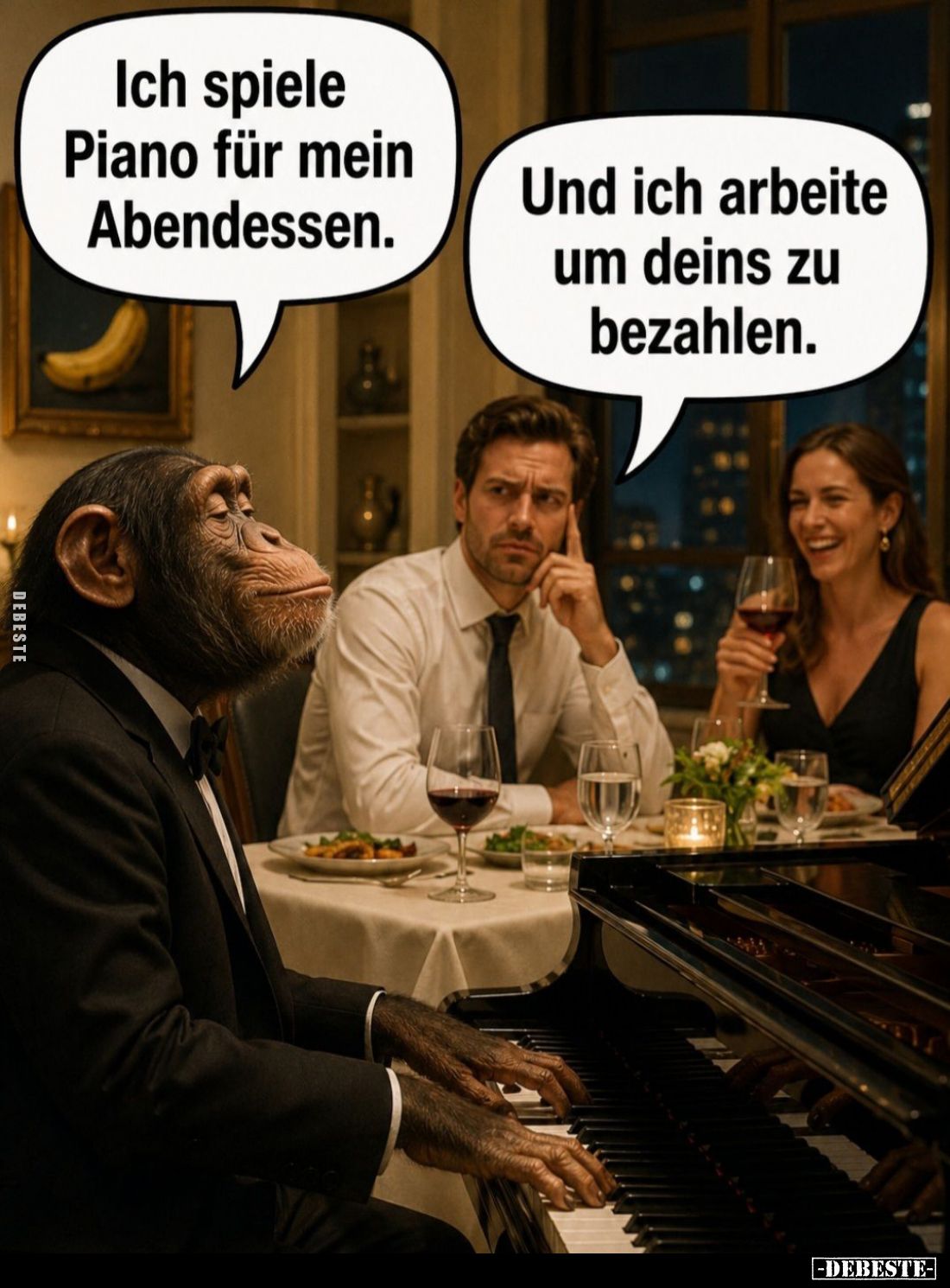 Ich spiele Piano für mein Abendessen. -
Und ich arbeite um deins zu bezahlen.
