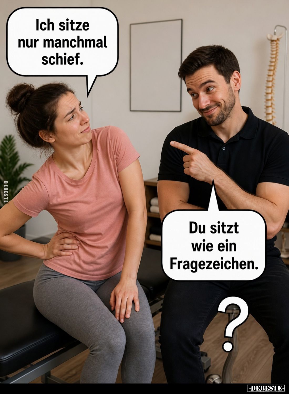 Ich sitze nur manchmal schief.
Du sitzt wie ein Fragezeichen.