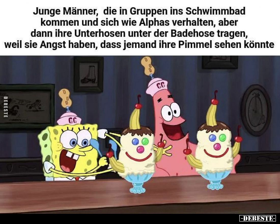 Junge Männer, die in Gruppen ins Schwimmbad kommen und sich wie Alphas verhalten, aber dann ihre Unterhosen unter der Badehos...