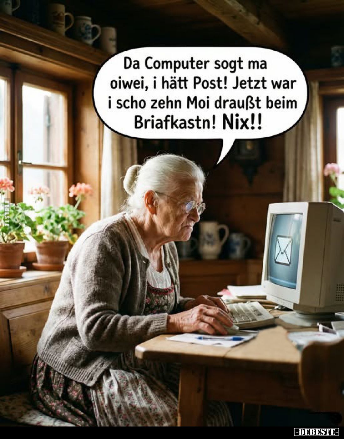 Da Computer sogt ma oiwei, i hätt Post! Jetzt war i scho zehn Moi draußt beim Briafkastn! Nix!!
