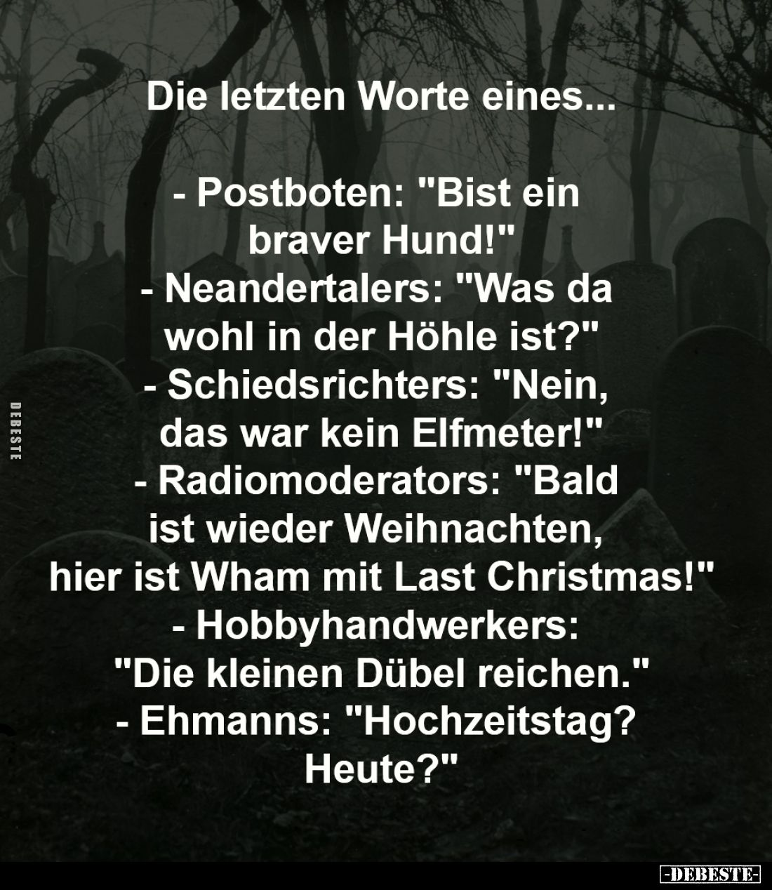 Die letzten Worte eines...

Postboten: "Bist ein braver Hund!" -
Neandertalers: "Was da wohl in der Höhle i...