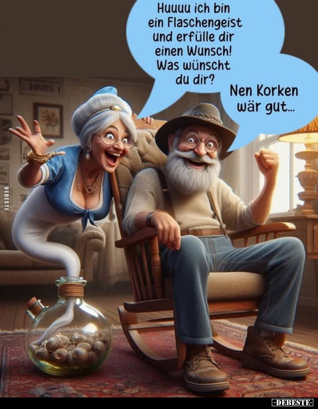 Huuuu ich bin ein Flaschengeist und erfülle dir einen Wunsch! Was wünscht du dir?
Nen Korken wär gut...